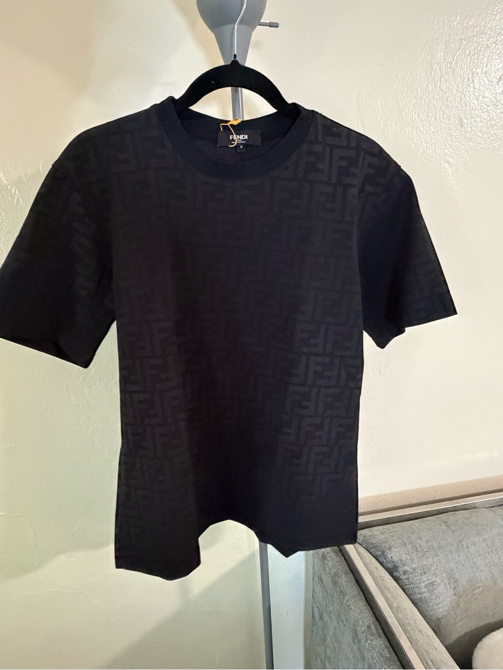 T shirt men Black FF Jacquard Crew Neck Short Sleeve Tee